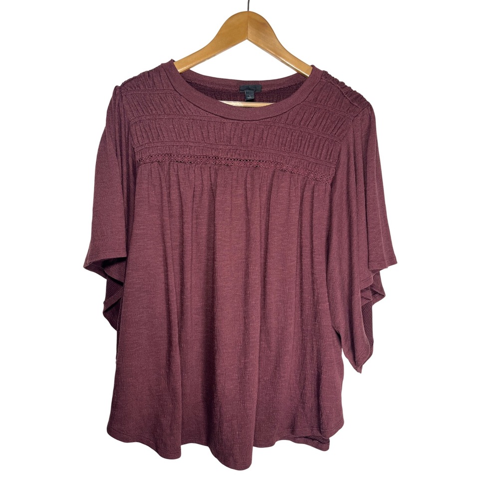 Torrid Smocked Yoke Butterfly Sleeve Top Women 1 Plum Waffle Knit Lace Trim